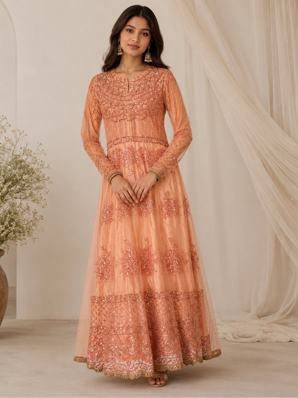 Embellished Peach Long Sleeve Anarkali Dress